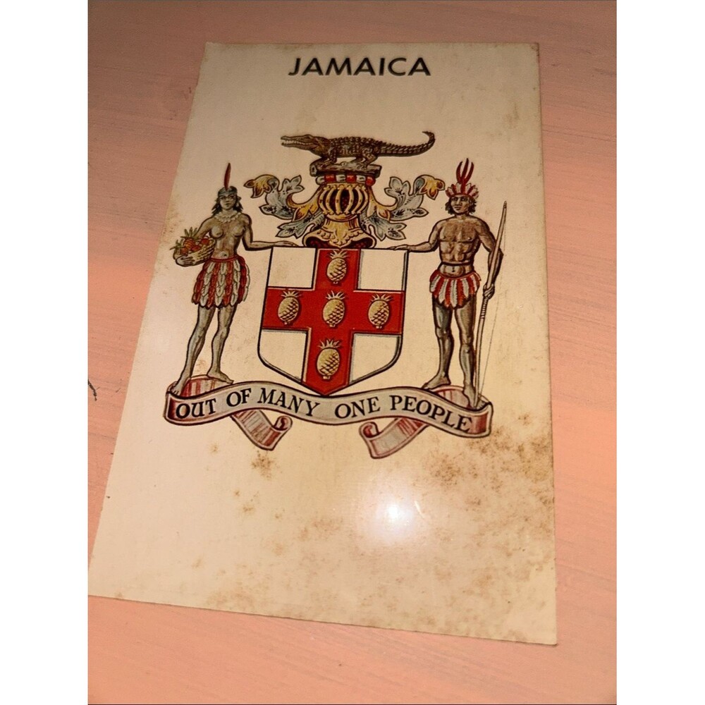 Jamaica Crest Decorative Plaque - Red & White Coat of Arms Post Card GUC